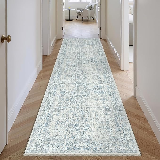 Blue Runner Rug 2x12 Hallway Machine Washable Kitchen Vintage Distressed Non - Image 5