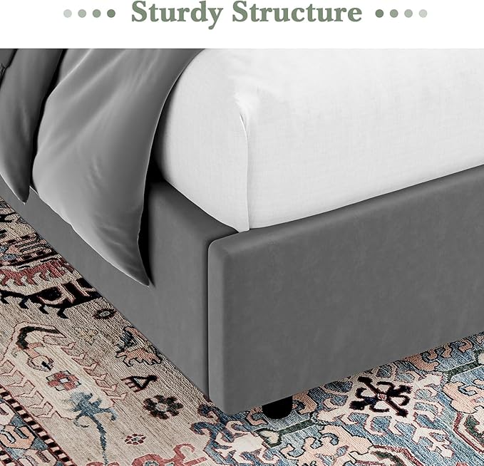 HOMBCK Grey Queen Bed Frame, Velvet Upholstered Platform Bed Frame - Image 7