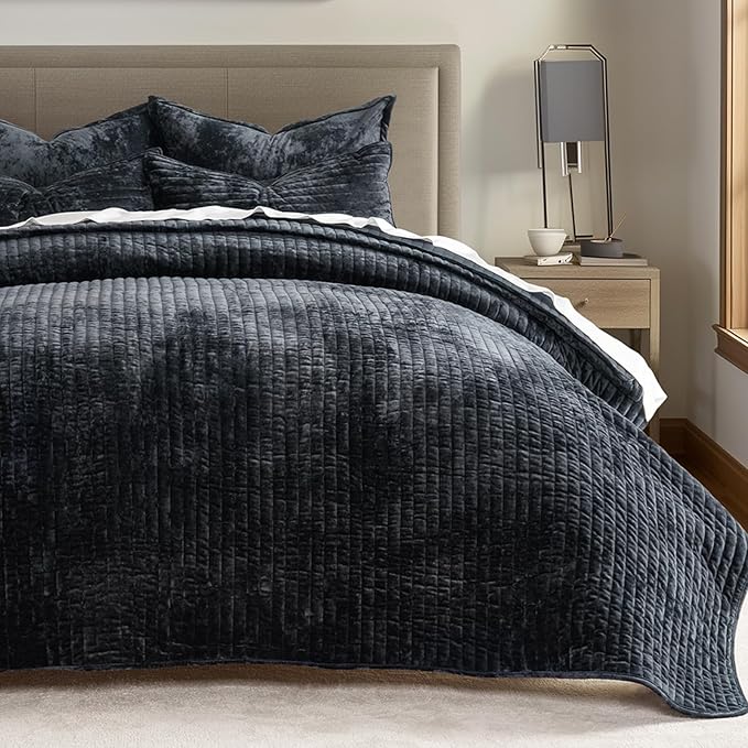 EVERGRACE Velvet Quilt Set Queen Size, Luxurious Soft Striped Channel Bedding - Image 8
