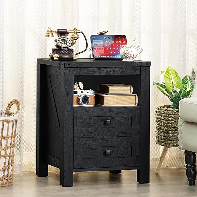 Joaxswe Nightstand with Charging Station, Farmhouse Night Stand with 2 Drawers - Image 4