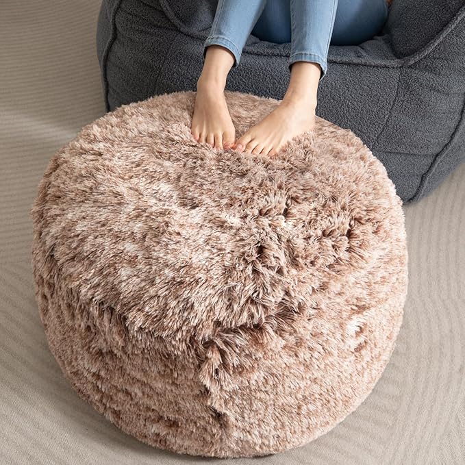 HIGOGOGO Round Stuffed Pouf Ottoman, Long Faux Fur Poufs by HIGOGOGO