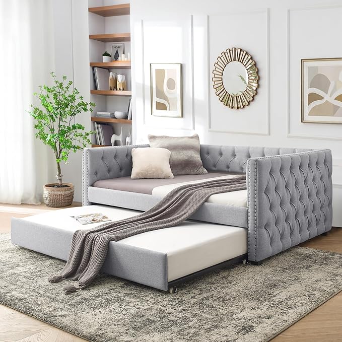 Daybed with Trundle, Modern Upholstered Full Size Day Bed Button-Tufted Sofa by Antetek