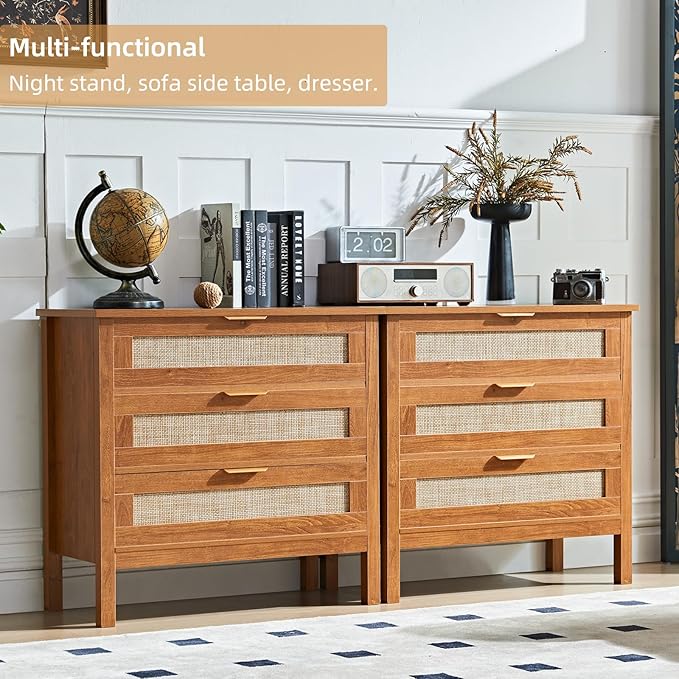 LEYAOYAO 31.5" Wide Rattan Nightstand, Large Boho 3 Drawer Night Stand - Image 6