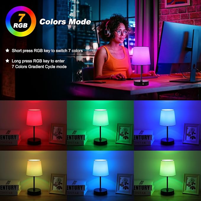 Ascher Small Bedside Table lamp Set of 2, RGB Color Changing Lamps, 3 Color - Image 3