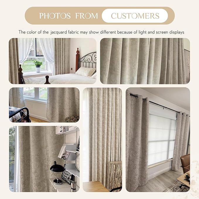 Beauoop Beige Floral Jacquard Blackout Curtains 96 Inches Long 2 Panels - Image 8