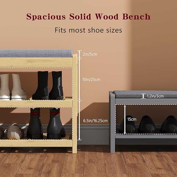Shoe Bench Entryway, 100% Solid Solid Wood Shoe Rack Bench - Image 4