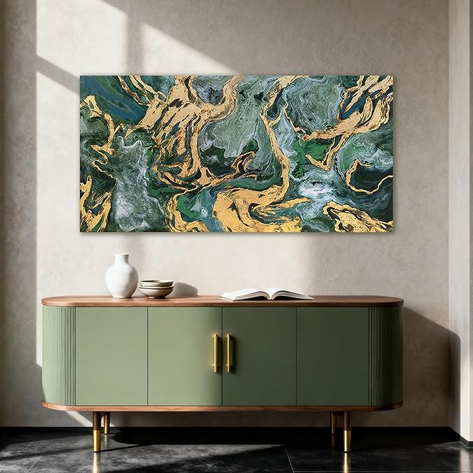 YETHEN WAL Emerald Green Abstract Wall Art Fluid Canvas Wall Decor Modern Art - Image 5
