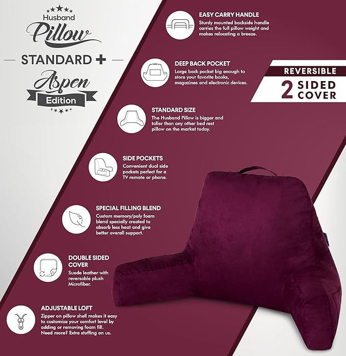 Husband Pillow Aspen Mauve Purple, Standard+ Reading Pillow Bed Rest Chair - Image 4
