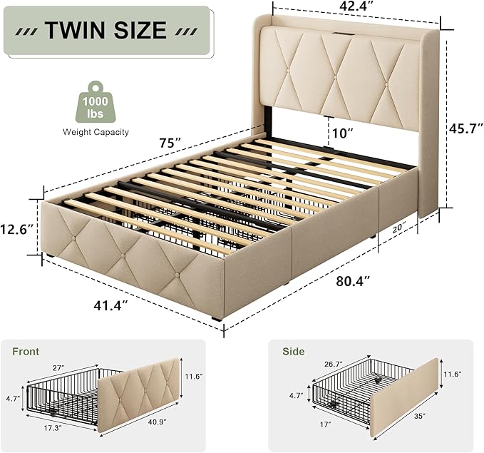 Feonase Twin Bed Frame with 3 Storage Drawers, Upholstered Platform Bed with - Image 2