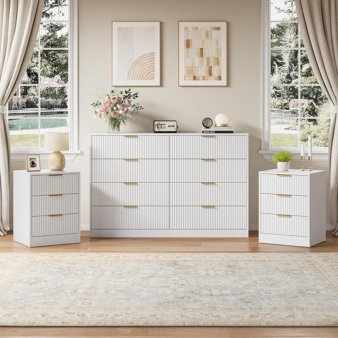 8 Drawer Dresser & Nightstand Set 3-Piece, 55” Wide Tall Fluted Dresser and by NOVAMAISON