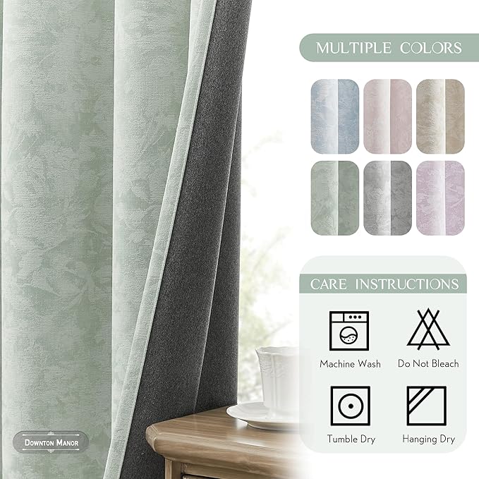 Beauoop Green Floral Jacquard Blackout Curtains 63 Inches Long 2 Panels - Image 7