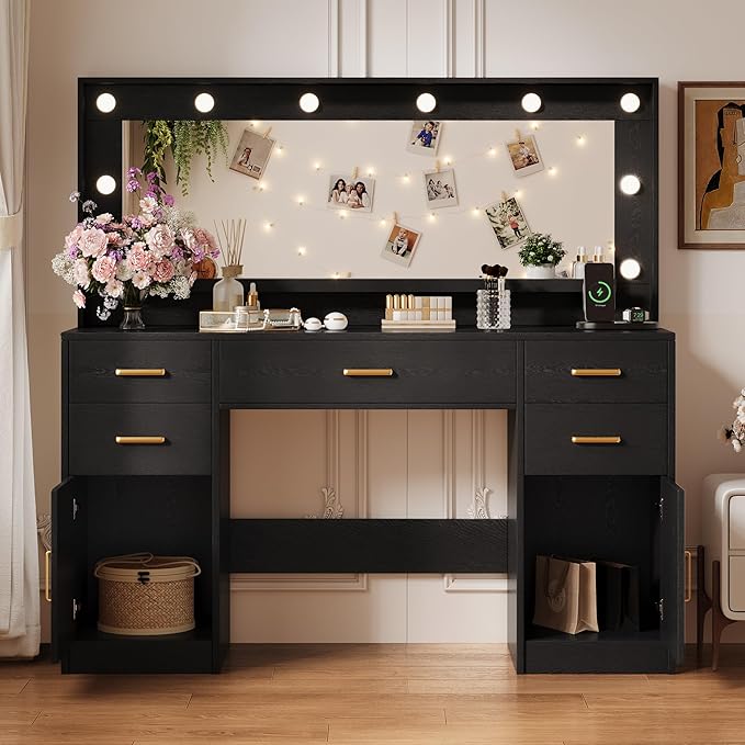 44.8" Large Vanity Desk with Lighted Mirror & Power Outlet, Dressing Table - Image 8