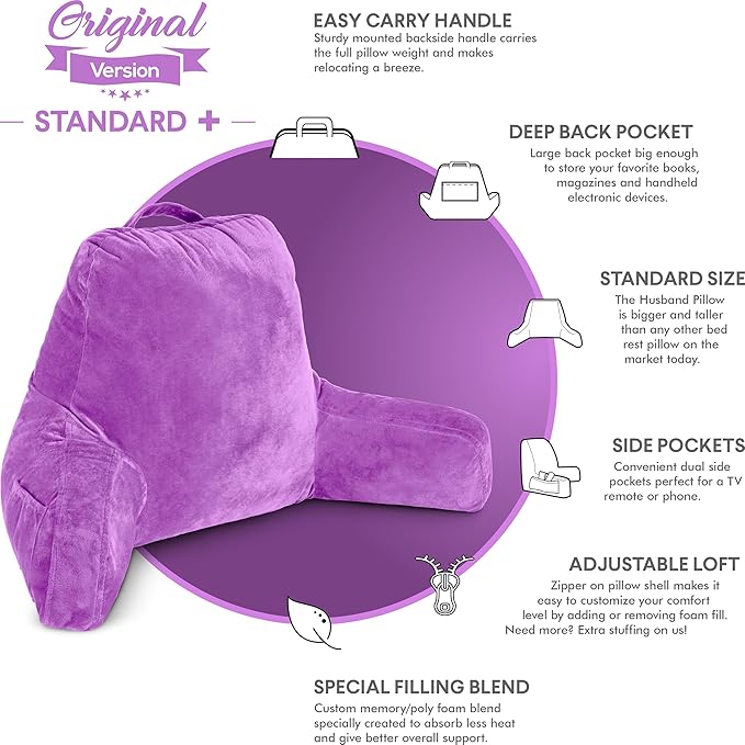 Husband Pillow Light Purple, Original Reading Pillow in Bed Rest Chair - Image 4