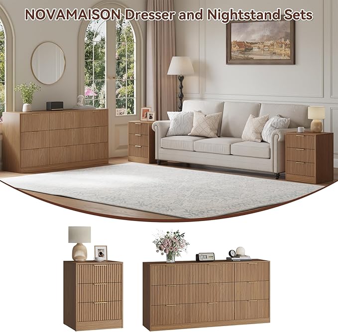 Fluted Dresser & 3 Drawer Nightstand Set 3-Piece, 63” Long 9 Drawer Dresser and - Image 3