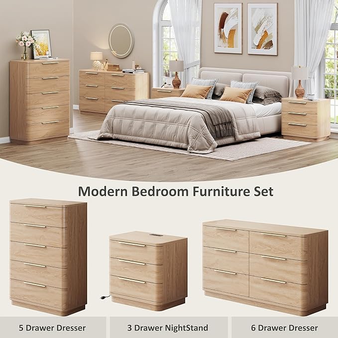 5 Drawer Dresser for Bedroom, Curved Profile Design, Wooden Closet - Image 5