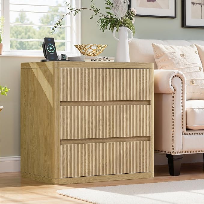 Fluted Nightstand with 3 Drawers, Wood Night Stand with Storage, Modern Bedside - Image 2