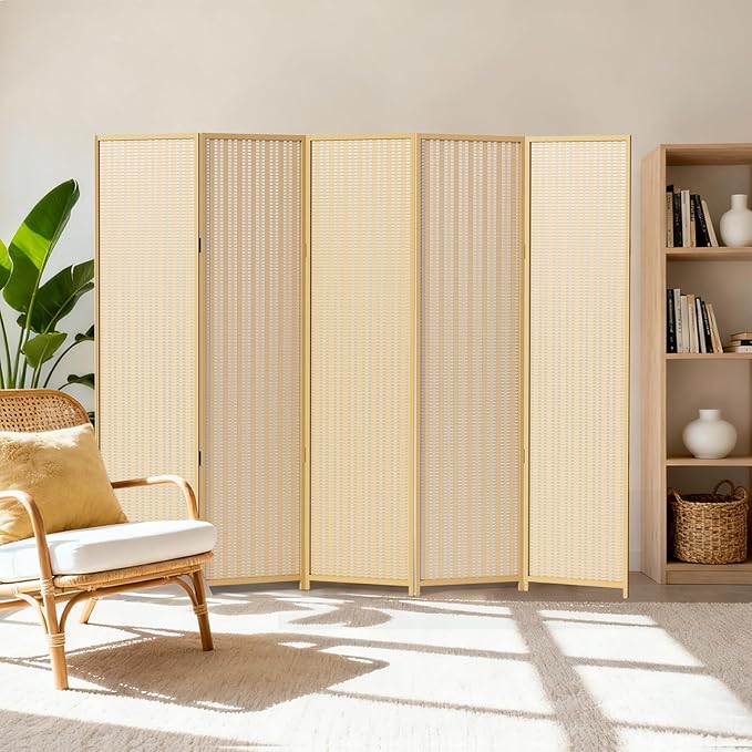 5 Panel Room Divider and Extra Wide Folding Privacy Screen, Bamboo Room Divider - Image 9