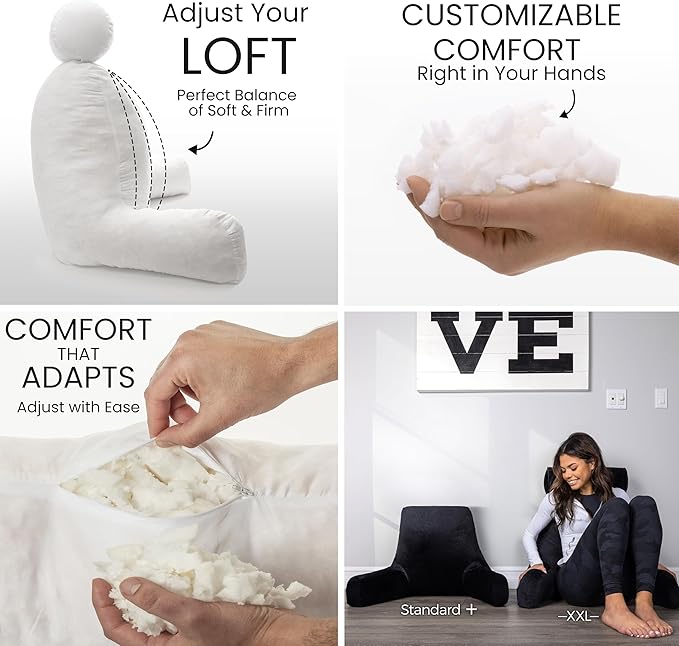 Husband Pillow Black, Original Reading Pillow in Bed Rest Chair, Shredded - Image 2