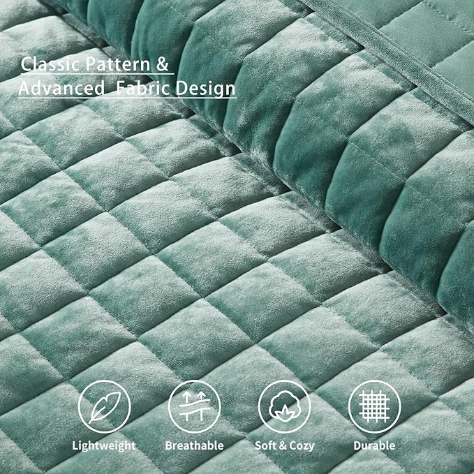 LEAONME Velvet Quilt King Size-98''x106'', Lightweight Aqua Green Velvet - Image 4