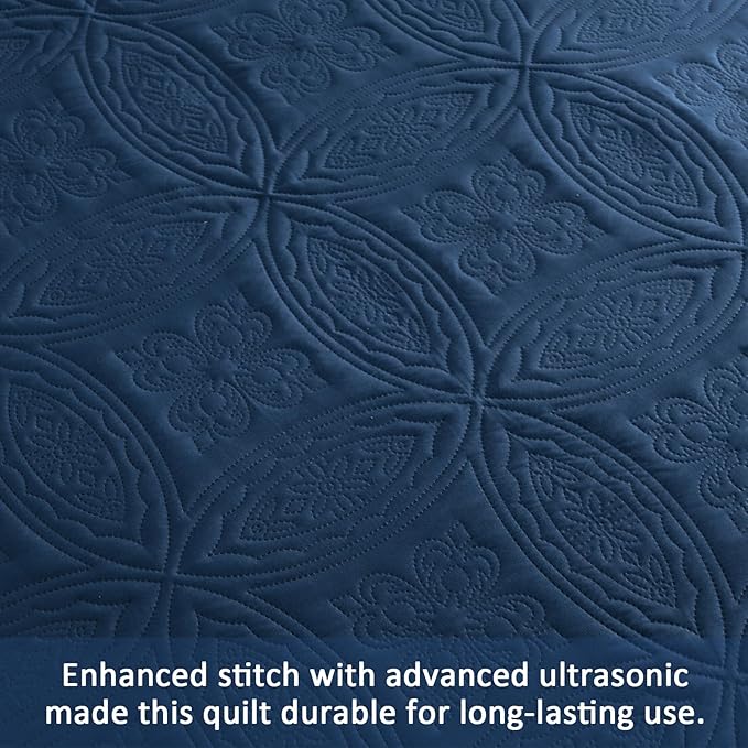 Yiran Navy Blue Quilt Set King Size Lightweight Bedspread Embossed Pattern Soft - Image 5