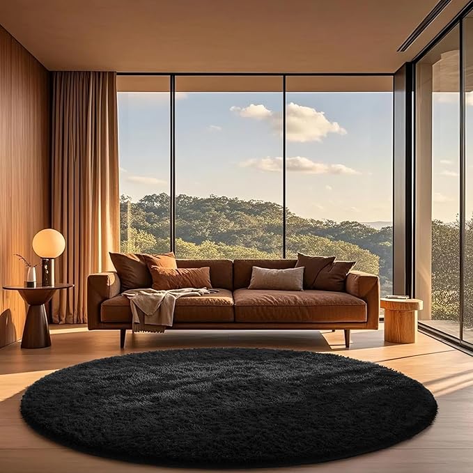 Ophanie Round Rug 6Ft Black Circle Area Rug, Room Decor by Ophanie
