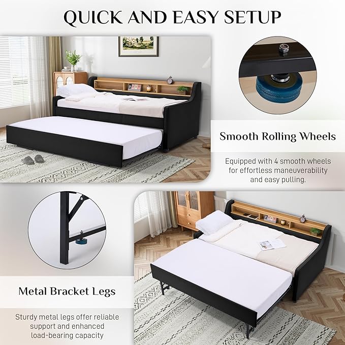 Twin Size Daybed with Pop Up Trundle Bed, Linen Fabric Upholstered Day Bed - Image 5