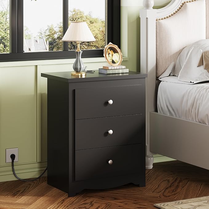WLIVE Tall Nightstand with Charging Station, Wood Night Stand with 3 Drawers - Image 2