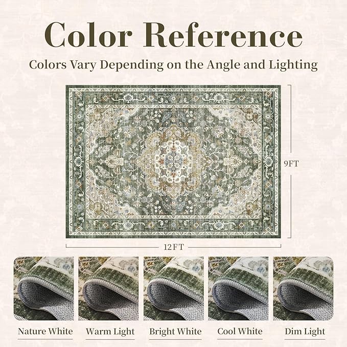 PADOOR 9X12 Area Rug, Rugs for Living Room, Soft Olive Rugs for Bedroom - Image 2
