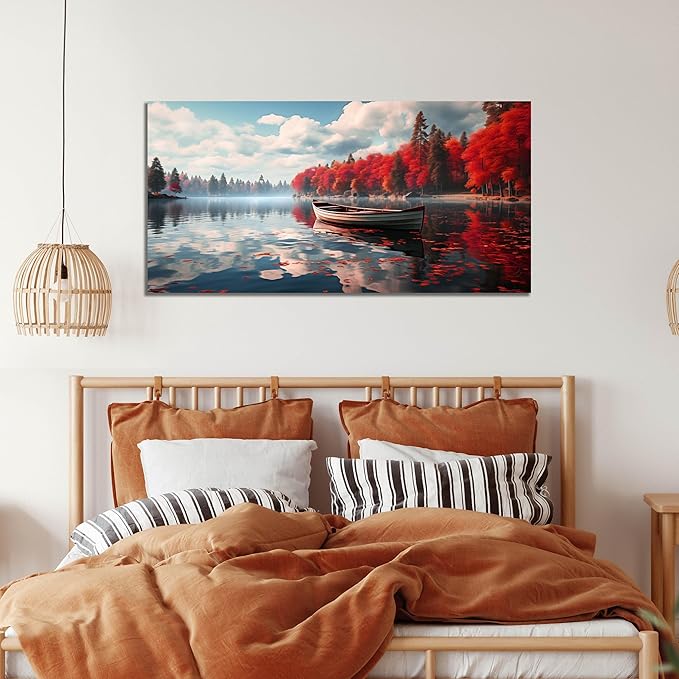 Large Wall Art for Living Room Bedroom Office Red Forest Wall Art Lake - Image 3