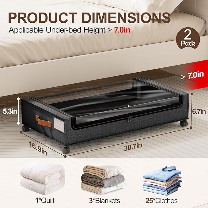 LAMU Under Bed Storage with Wheels, 2 Pack Under Bed Storage Containers with - Image 2