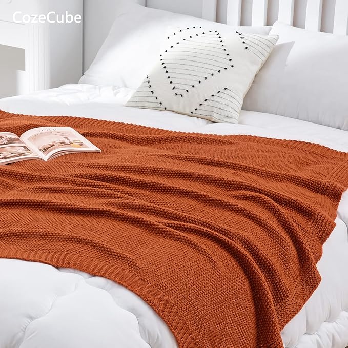 CozeCube Orange Throw Blanket for Couch, Soft Cozy Cable Knit Throw for Bed - Image 2
