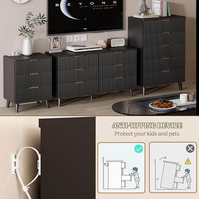 Lulive Black Dresser for Bedroom Wood Tall Dressers Drawers, Fluted Modern - Image 9