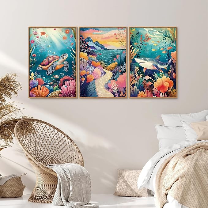 YeeHomedec Large Watercolor Ocean Themed Framed Canvas Wall Art, Sea Turtle - Image 4