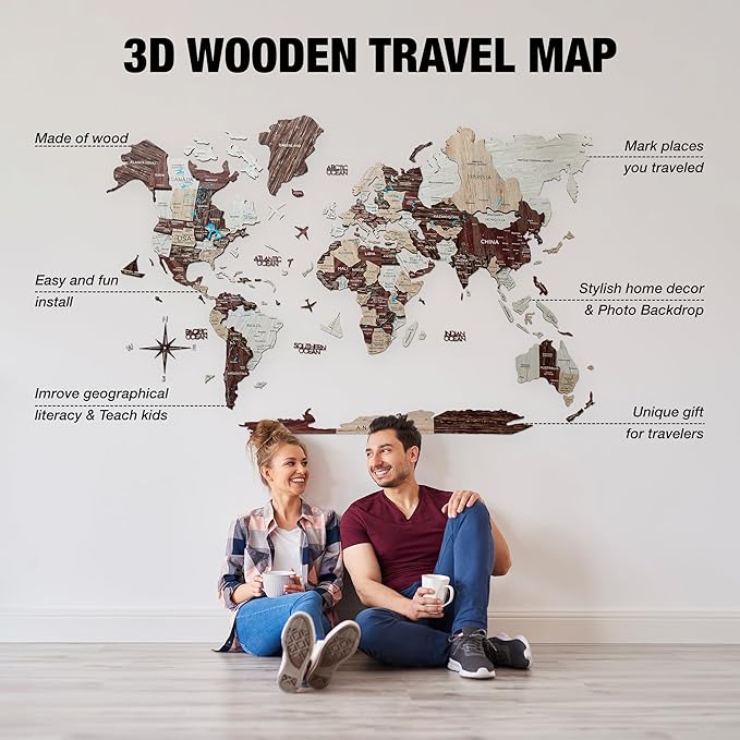 Handmade 3D Wood World Map Wall Art Large Wall Decor Track Your World Travels - Image 6
