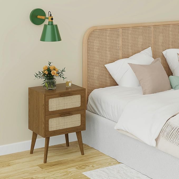 YAUKOMEL Rattan Nightstand Set of 2, Mid Century Modern Bedside - Image 5