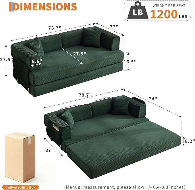 Garvee 5-in-1 Convertible Sofa Bed, 78.8" Modular Corduroy Sleeper - Image 2