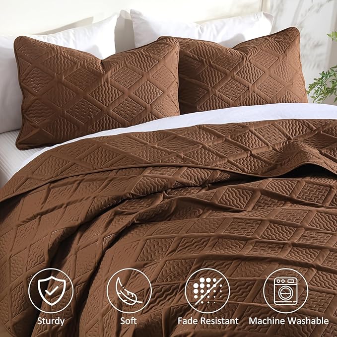 Yiran Brown Quilt Set King Size, 3 Piece Reversible Bedspreads Bedding Set - Image 4