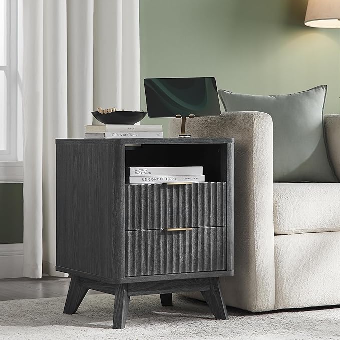 T4TREAM Fluted Nightstand with Charging Station, 2 Drawers End Table with - Image 3
