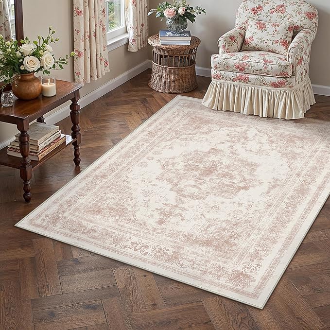 Area Rug 3x5 Washable Pink Rug Vintage Boho Medallion Entryway Door Mat by PureCozy