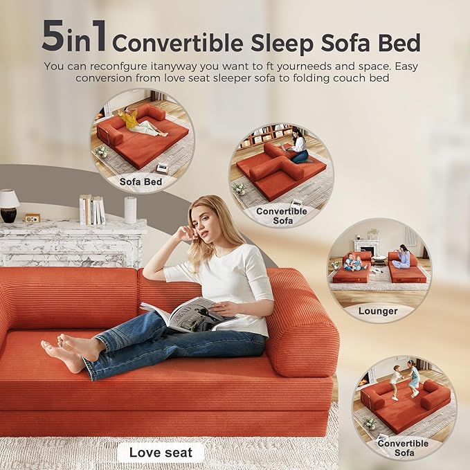 5-in-1 Folding Convertible Sofa Bed, 78 Inch Oversized Corduroy Upholstered - Image 7