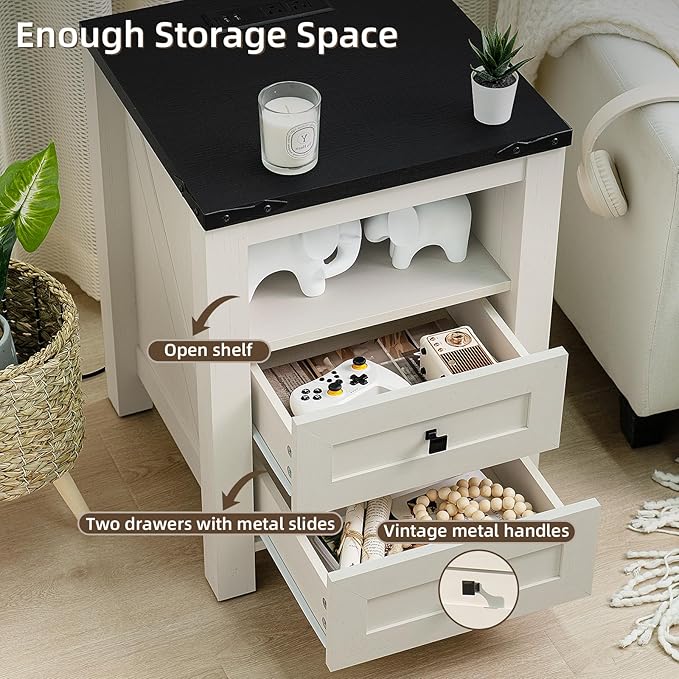 Joaxswe Night Stands with Charging Station Set of 2, Farmhouse Nightstand - Image 6