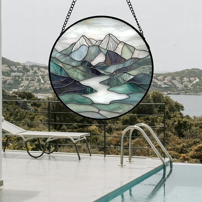 AMDERVEN Stained Glass Window Hanging 4 Pcs Set Mountain River Landscape 6.3" - Image 5