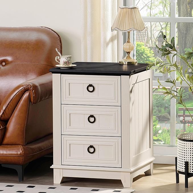 18" Farmhouse Night Stand with 3 Drawers, Wood End Table Dresser - Image 6