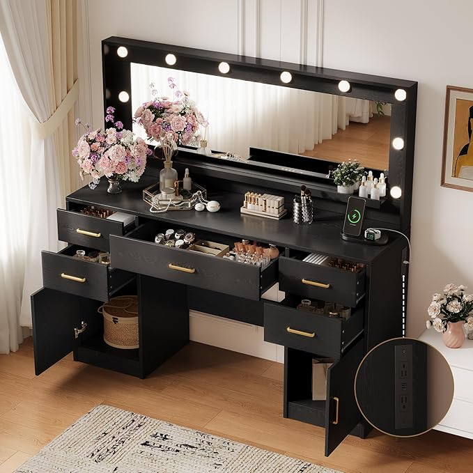 44.8" Large Vanity Desk with Lighted Mirror & Power Outlet, Dressing Table - Image 2