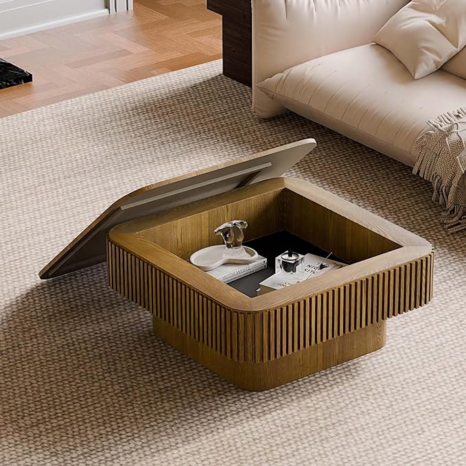 Square Small Coffee Table with Storage, Modern Wooden Coffee Table with Solid - Image 2