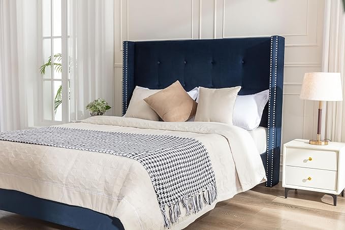 King Size Upholstered Bed Frame, Hand Buttoned Tufting Headboard Beds/No Box - Image 6