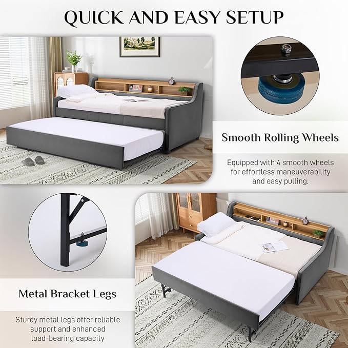 Twin Size Daybed with Pop Up Trundle Bed, Linen Upholstered Day Bed Frame with - Image 4