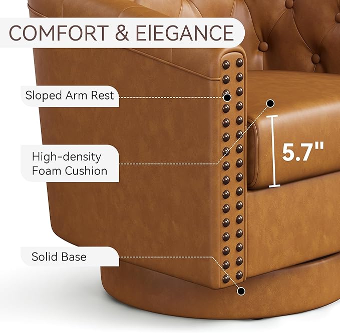 Swivel Barrel Accent Chair, Round Nailhead Faux Leather Living Room Arm Chairs - Image 3