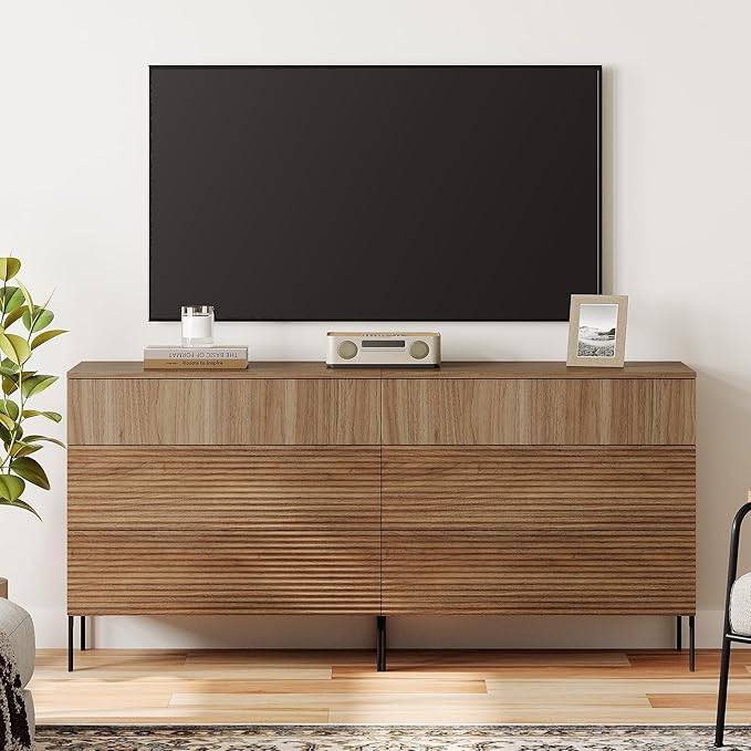 WAMPAT 63" W Fluted Dresser for Bedroom, 2 in 1 Modern 6 Drawer Dresser TV Stand - Image 9