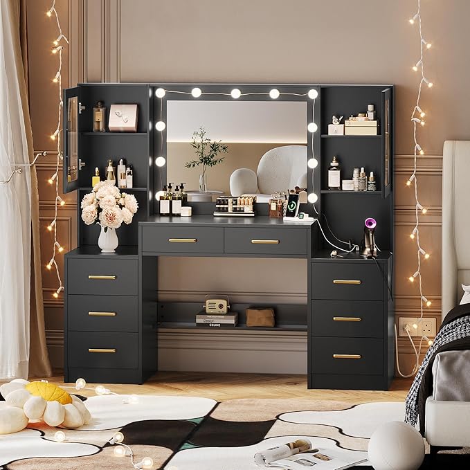 Black Vanity Desk with Mirror, Lights & Charging Station, 58.3" 3 Lighting - Image 8
